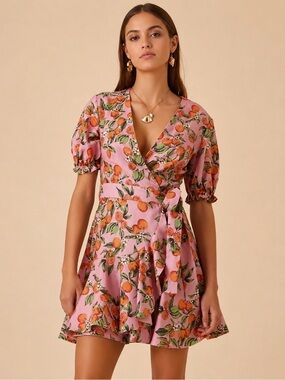 Anthropologie Finders Keepers Aranciata Citrus Print Wrap Mini Dress Small Pink